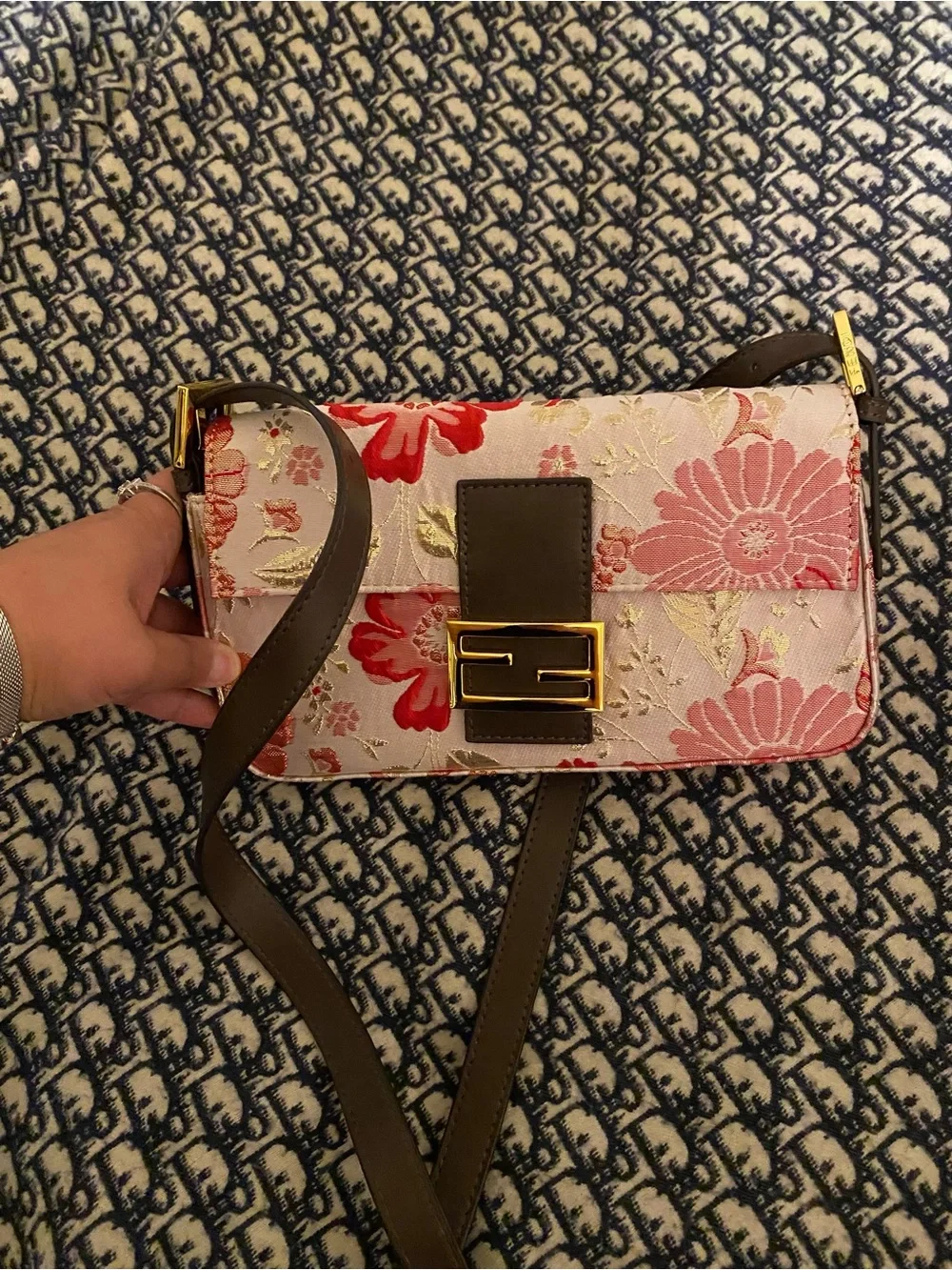 Inspired Floral Pink Embroidered Shoulder Bag with Gold Hardware